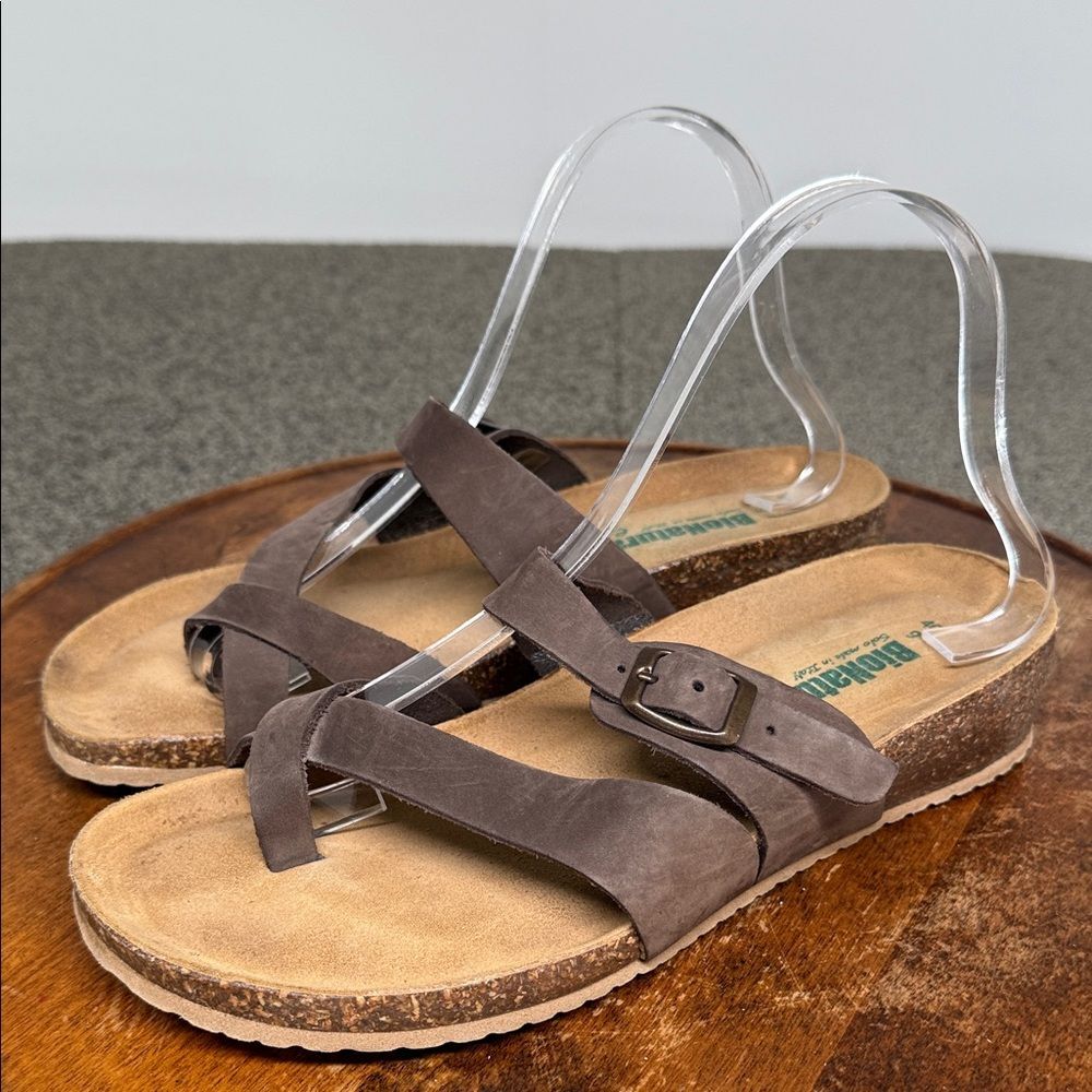 Bionatura Sandals Wm 9 (40) Brown Toe Loop Cross-Strap Cork Italy Wedge